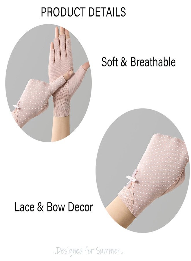 OVOY Women Pink Driving Ice-Silk Gloves Sun-UV-Protection Fingerless Gloves for Summer Hiking Cycling Running SPF Lace Glove - Image 2